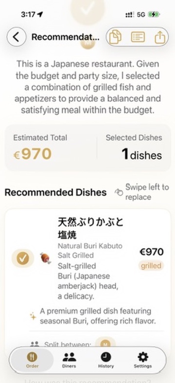 Recommendation screen showing Natural Buri Kabuto Salt Grilled with €970 total and dish details